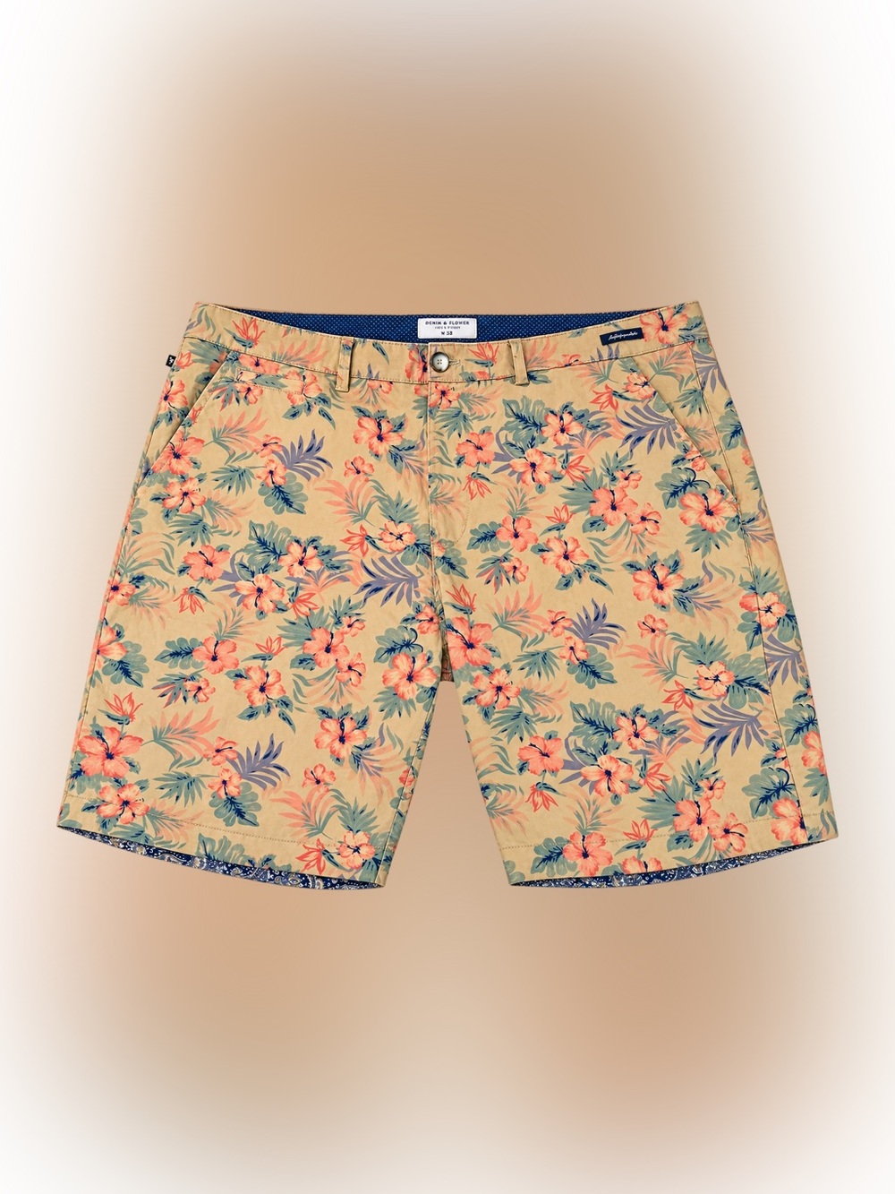 Denim & Flower Tan Shorts with Coral and Blue Floral Print Sz 38